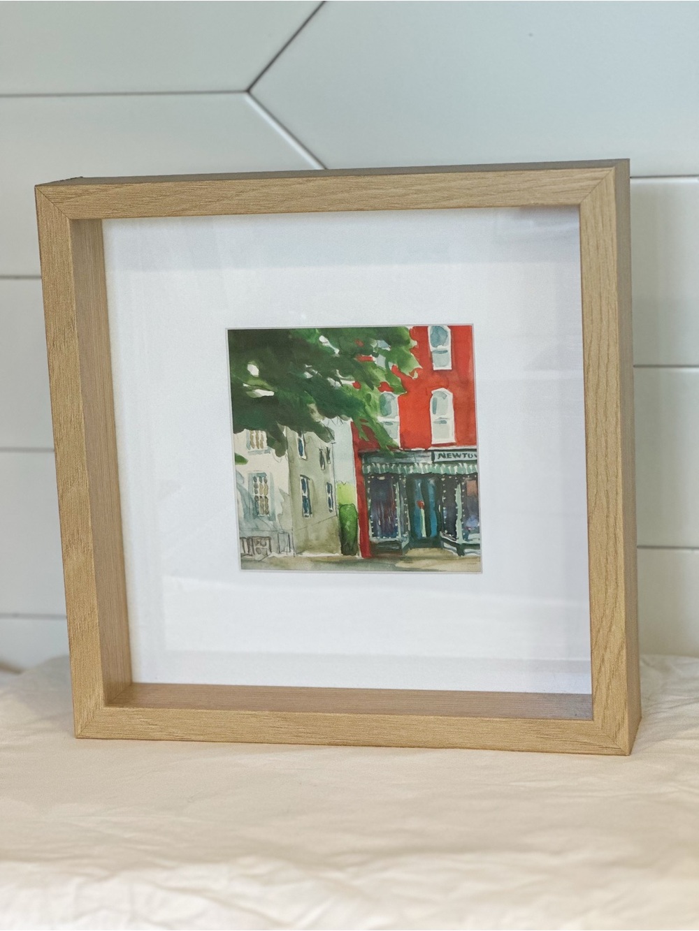 Watercolor framed art - Red & Green Street Scene